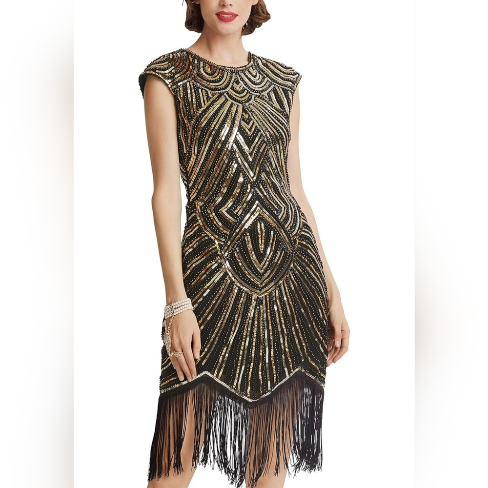 Beaded Black and Gold Fringe Cocktail Dress